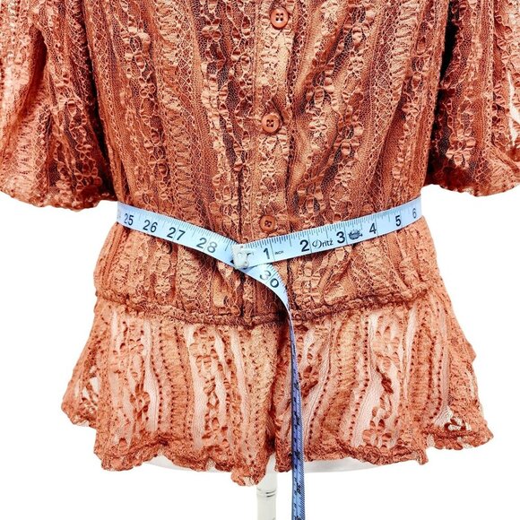 Rust Lace Peplum Blouse With Puff Sleeves & Satin Back-Tie Detail Size L - Picture 7 of 14